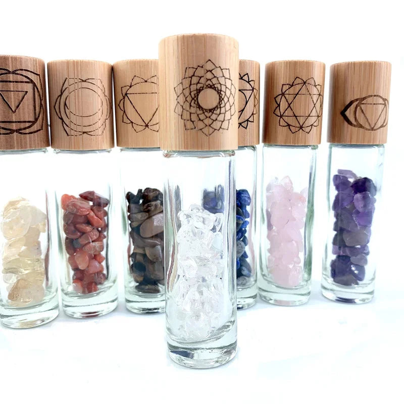 Chakra Stones Reiki Healing Crystal Roller Bottle with Engraved Chakra Symbols Bamboo Cap Balancing Stones 7 pcs P305