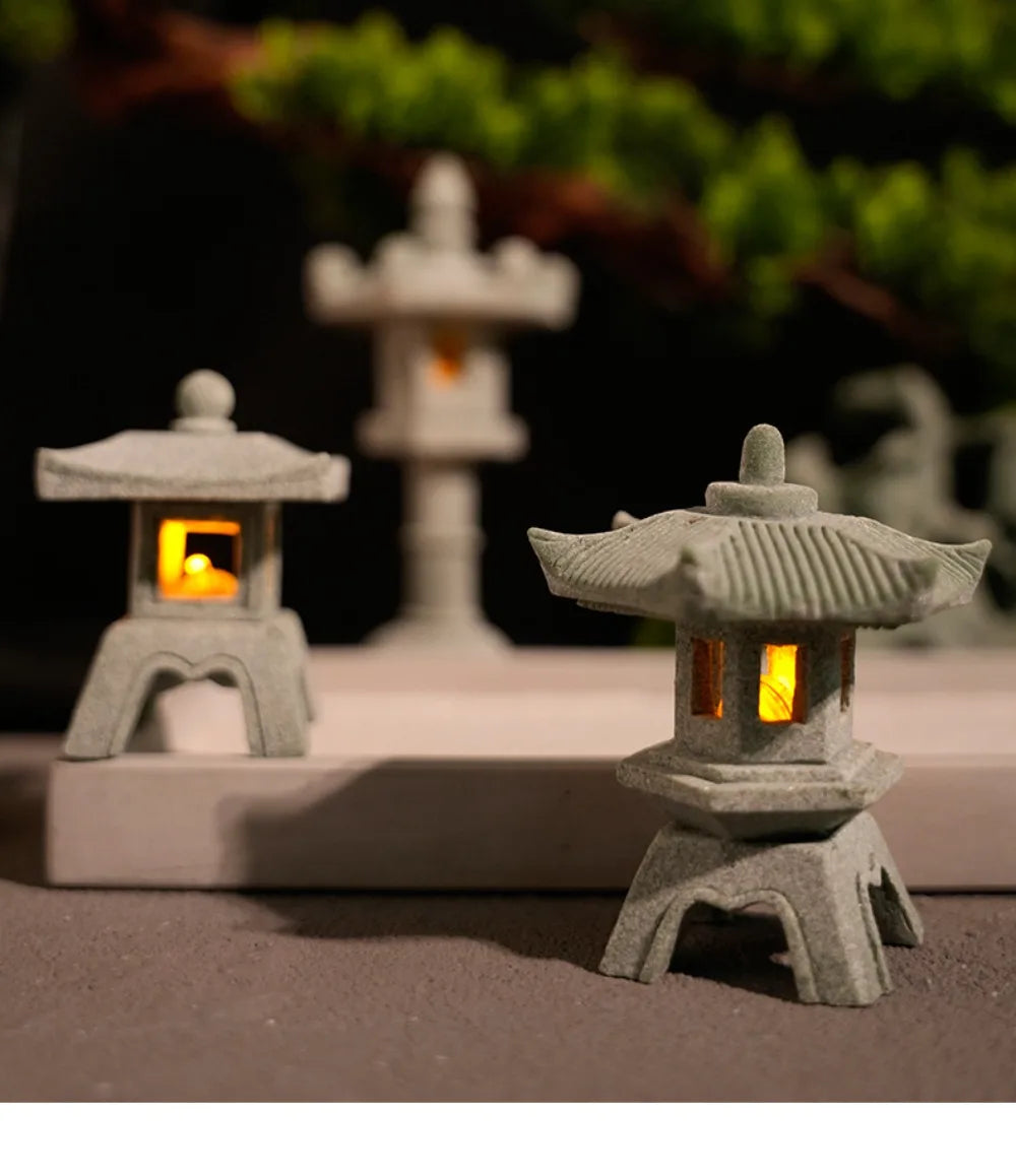 New Mini Pagoda Lantern Light Garden Statue Decorative Sand Stone Micro Landscape Lamp Zen Yard Miniature Bonsai