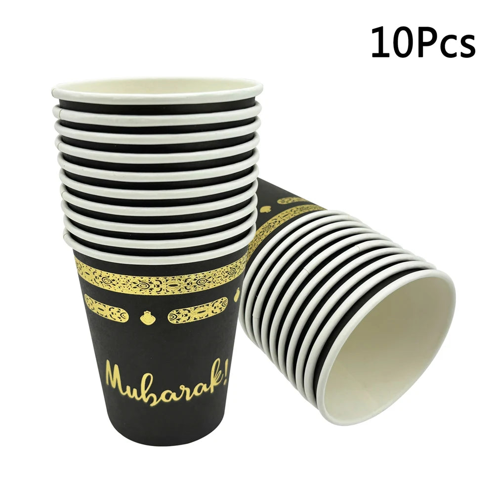 10Pcs Eid Umrah Mubarak Ramadan kareem Party Disposable Paper Plates Cup Napkin Islamic Muslim Eid al-fitr Decoration Supplies
