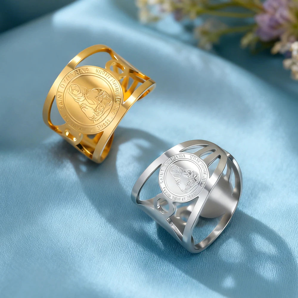 Dawapara Saint Dymphna Women Ring Adjustable Religious Protector Ring Prayer Blessing Stainless Steel Jewelry Christmas Gift