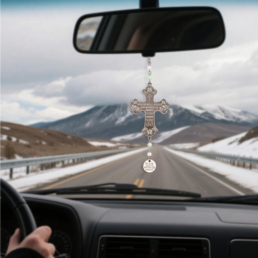 Cross Car Mirror Hanging Christian Gifts for Men Women, Metal Daily Bible Verse Car Rearview Decor Accessories, Christ Ornament