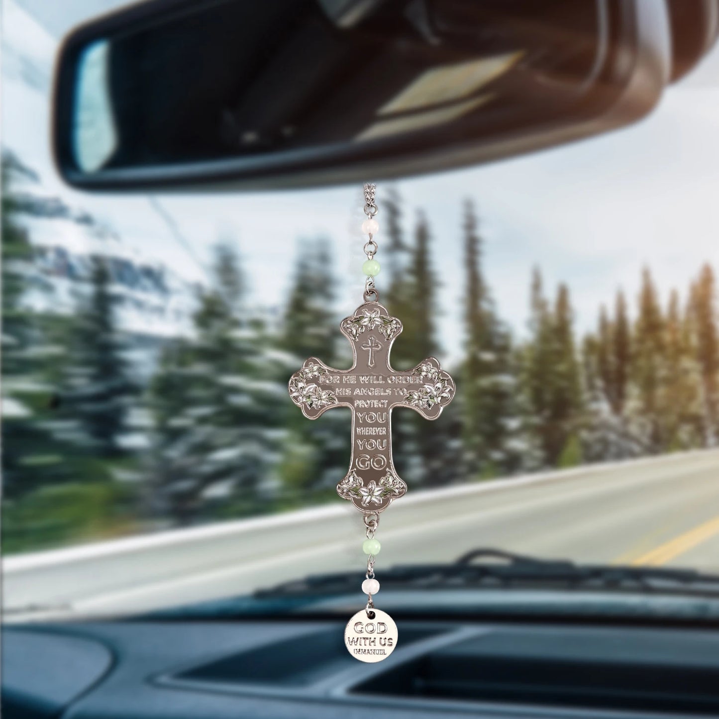 Cross Car Mirror Hanging Christian Gifts for Men Women, Metal Daily Bible Verse Car Rearview Decor Accessories, Christ Ornament