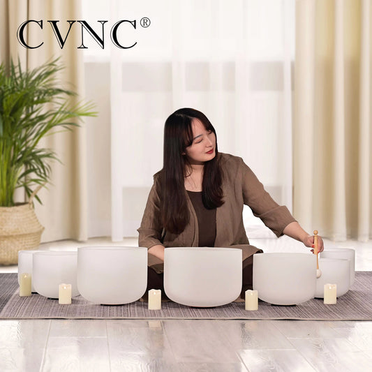 CVNC 6-12 Inch Colored Frosted Quartz Crystal Singing Bowls 7 chakra set for sound healing instrument with Bag