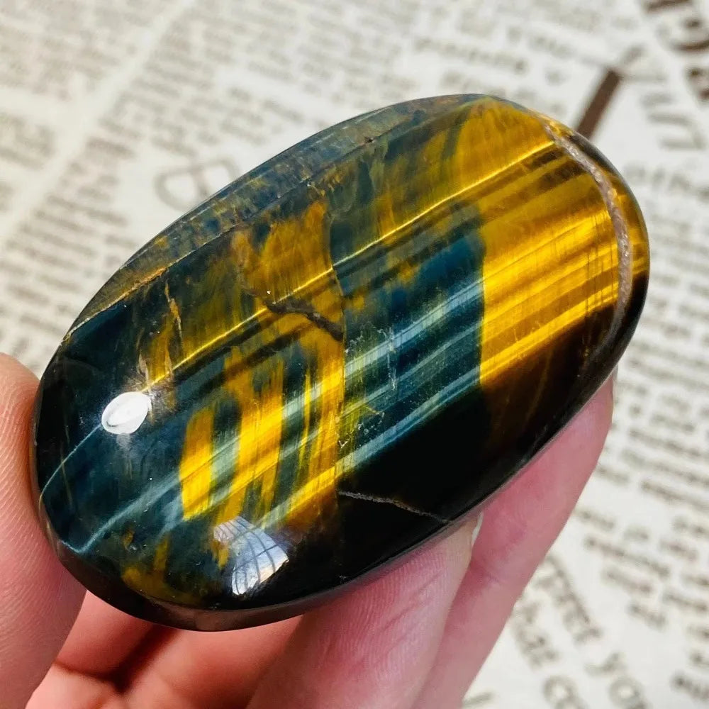 Natural Crystal Palm Tiger Eye Ellipse Stone Deep Blue & Golden Stripes Compress Massage Palm Reiki Healing worry Fingertip Toy