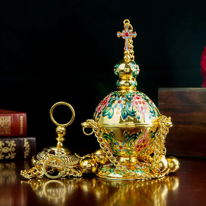 HTISOK Eastern Orthodox Church Censer with Bells Gold Plated Thurible with Enamel for Religious Rituals Church Hanging Censer