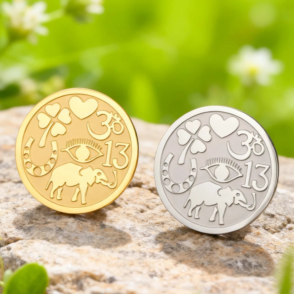 Dawapara Good Luck Symbols Brooch Elephant Clover Hoeseshoes Evil Eye Religious Spiritual Amulet Stainless Steel Lapel Pins