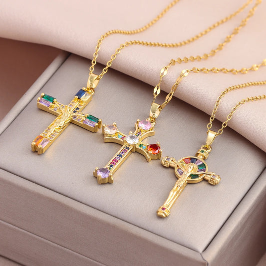 New 18K Gold Plated Retro Style Colorful Zircon Crystal Cross Pendant Necklaces For Women Vintage Punk Female Neck Chain Jewelry