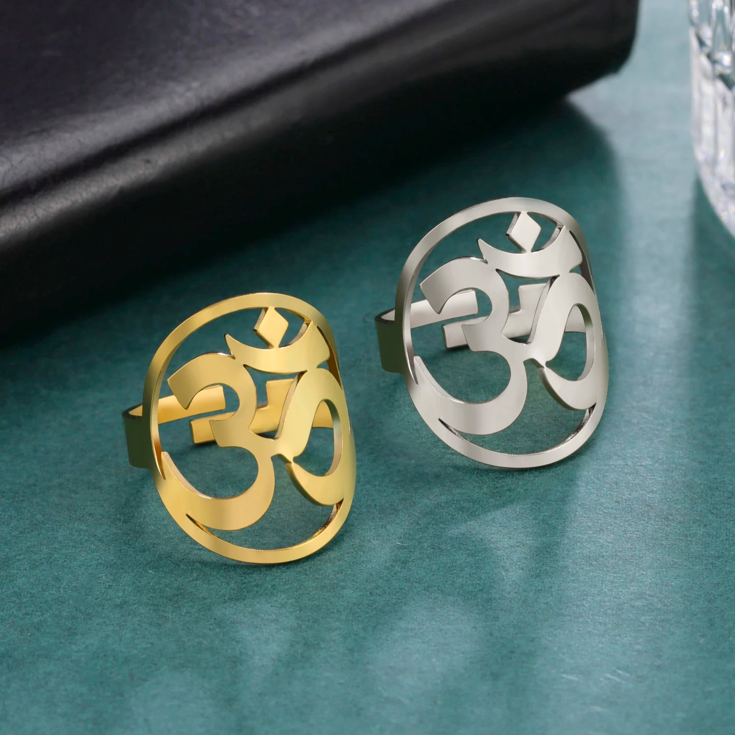 Dawapara Buddhism Spiritual OM Ohm Symbol Adjustable Ring Spiral Sacred Geometry Finger Ring Stainless Steel Jewelry