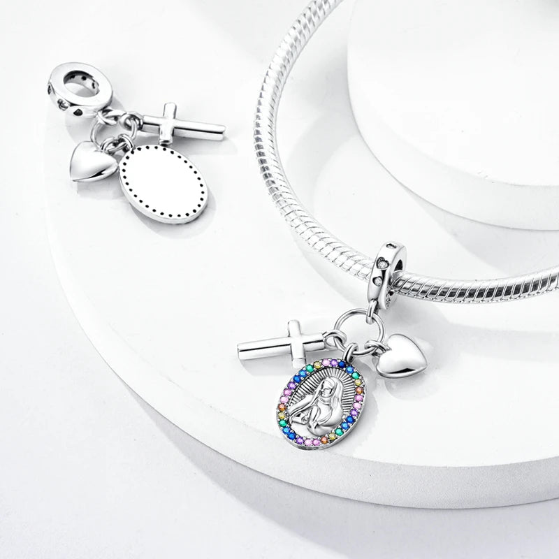 Charms Bead 925 Sterling Silver Virgin Mary Cross Pendant Bead Fit Original Bangle Bracelet DIY Fine Jewelry For Women Gift Hot