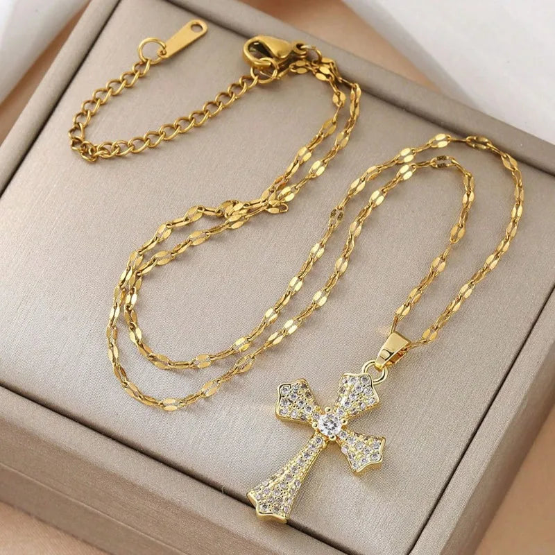 1pc Luxury Copper Zirconia Cross Pendant Necklace For Women Zircon Inlaid Jewelry Gold Color Long Clavicle Chain Necklaces