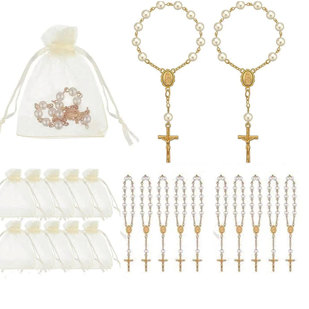 10-60 Pieces Mini Rosary Favors Baptism Favors Acrylic Rosary Beads Finger Baptism Rosaries with Organza Bags for Christening