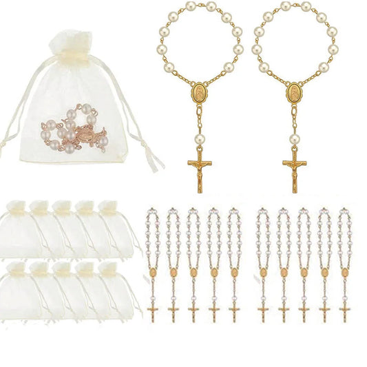 10-60 Pieces Mini Rosary Favors Baptism Favors Acrylic Rosary Beads Finger Baptism Rosaries with Organza Bags for Christening