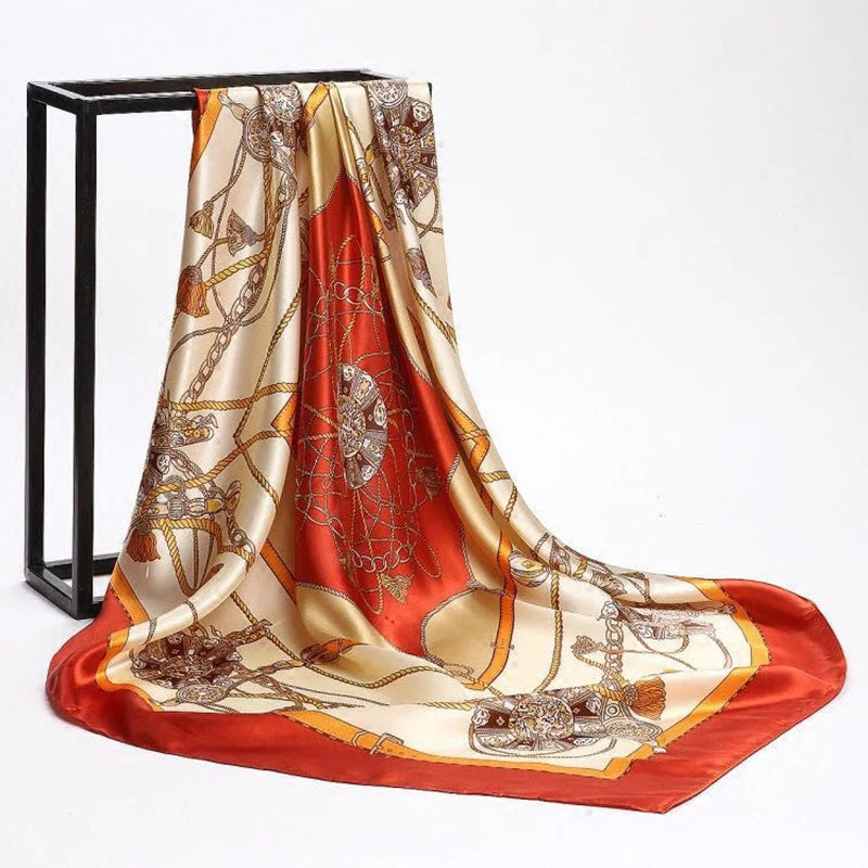 90*90cm Women Square Silk Scarf Luxury Brand Large Shawl Neckerchief Print Headband Female Foulard Bandana Wraps Hijab Scarves