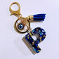 Blue Resin Initial Keychain - Evil Eye Letter Charm with Rhinestones & Tassel, Stylish Gift for Women, Lobster Clasp Accessory