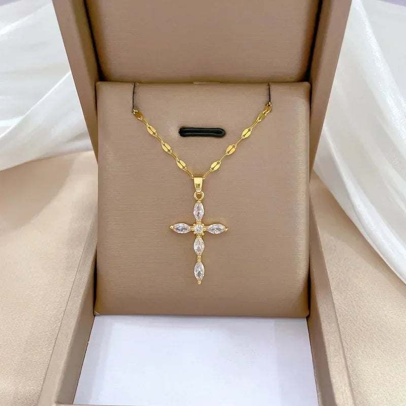 Exquisite Gold Color Stainless Steel Inlaid Crystal Cross Pendant Necklace for Women Men Luxury Full of Zircon Chokers Jewelry