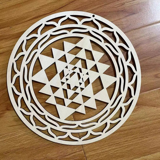 Sri Yantra Wall Decor Wood Wall Sculpture Sacred Geometry Crystal for Meditation