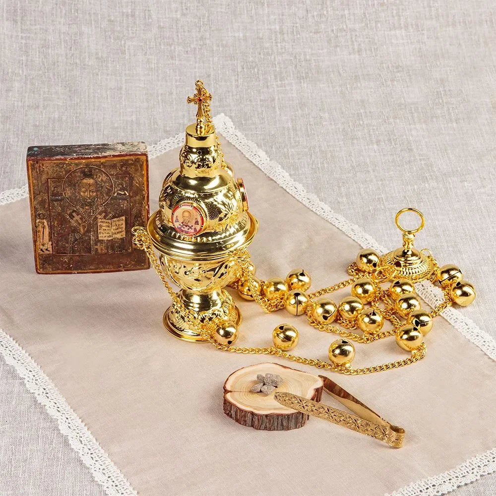Hanging Orthodox Incense Burner with Bells Gold Swinging Catholic Church Supplies 26 Inch Chains with 24 Bell Кадило "Крест"