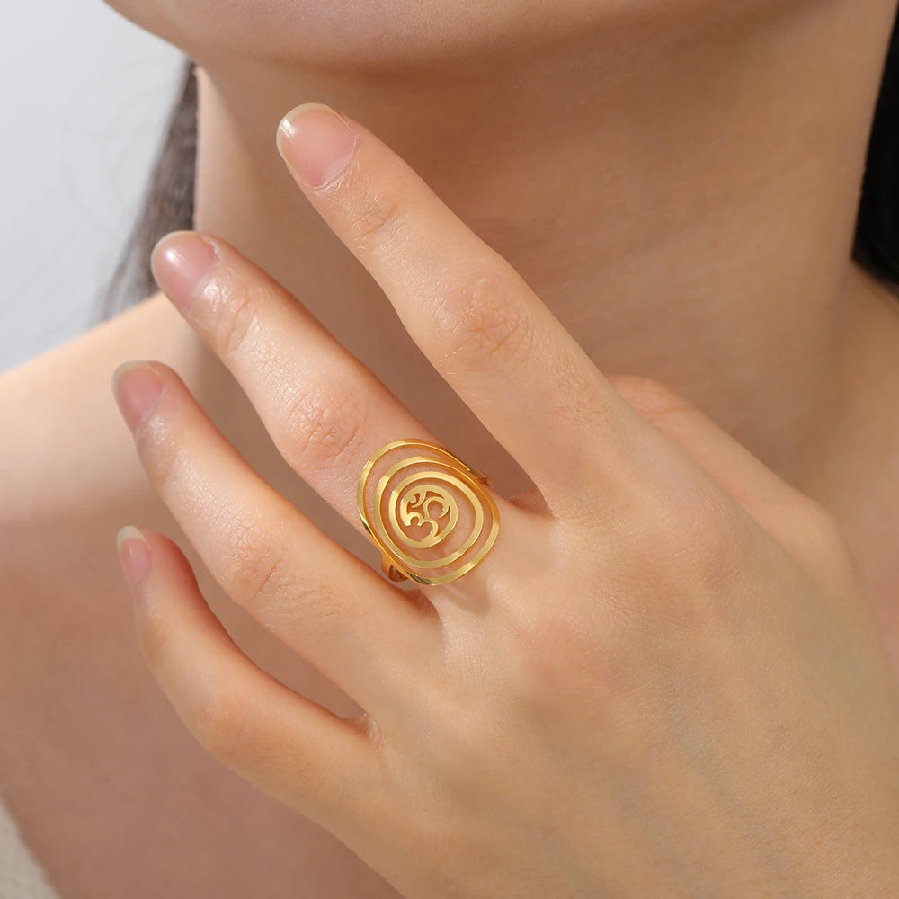 Dawapara Buddhism Spiritual OM Ohm Symbol Adjustable Ring Spiral Sacred Geometry Finger Ring Stainless Steel Jewelry