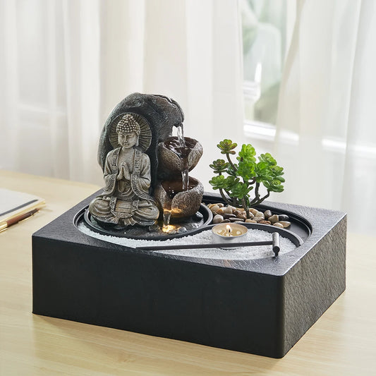 Buddha Zen Table Fountain with LED Light Indoor Buddha Statue Fountain Landscape Succulent Plants Home Decoration