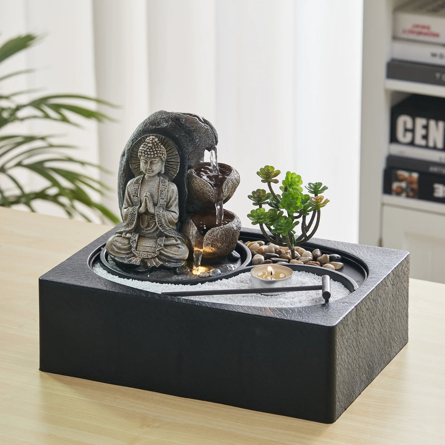 Buddha Zen Table Fountain with LED Light Indoor Buddha Statue Fountain Landscape Succulent Plants Home Decoration