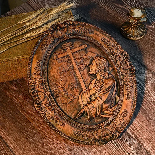 Vintage Solid Wood Carving Jesus Hill Garden Prayer, Religious Statue Home Decoration