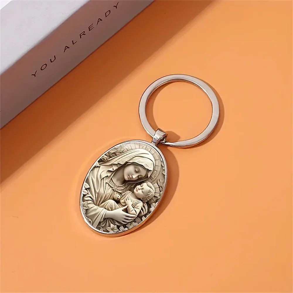 1Pcs Retro Virgin Mary Alloy Keychain - Unique Design of Religious Time Gem Suitable for Car Keys and Backpack Pendant Gifts