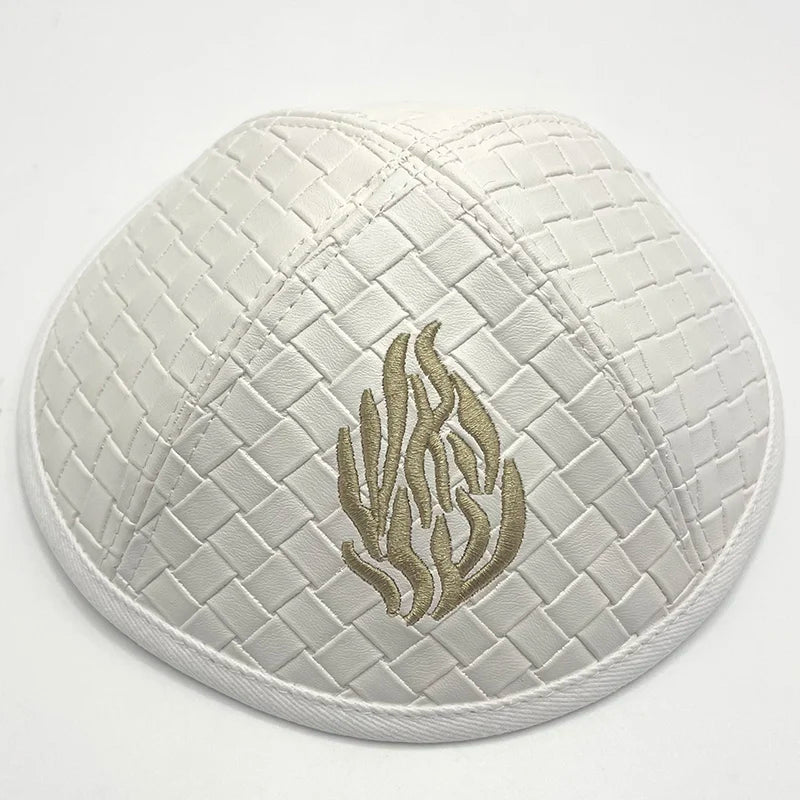 Judaical Faux Leather Kippah with Embroidery Of Fire for Men Yamaka Hat Jewish Yarmulke 19cm Giftware