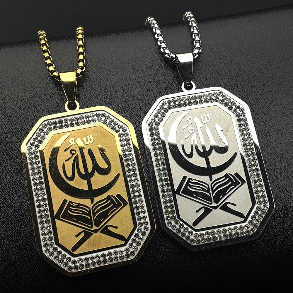 Islamic Quran Allah Crescent Moon Pendant Necklace for Women Men Stainless Steel Gold Color Rhinestones Muslim Chain Jewelry