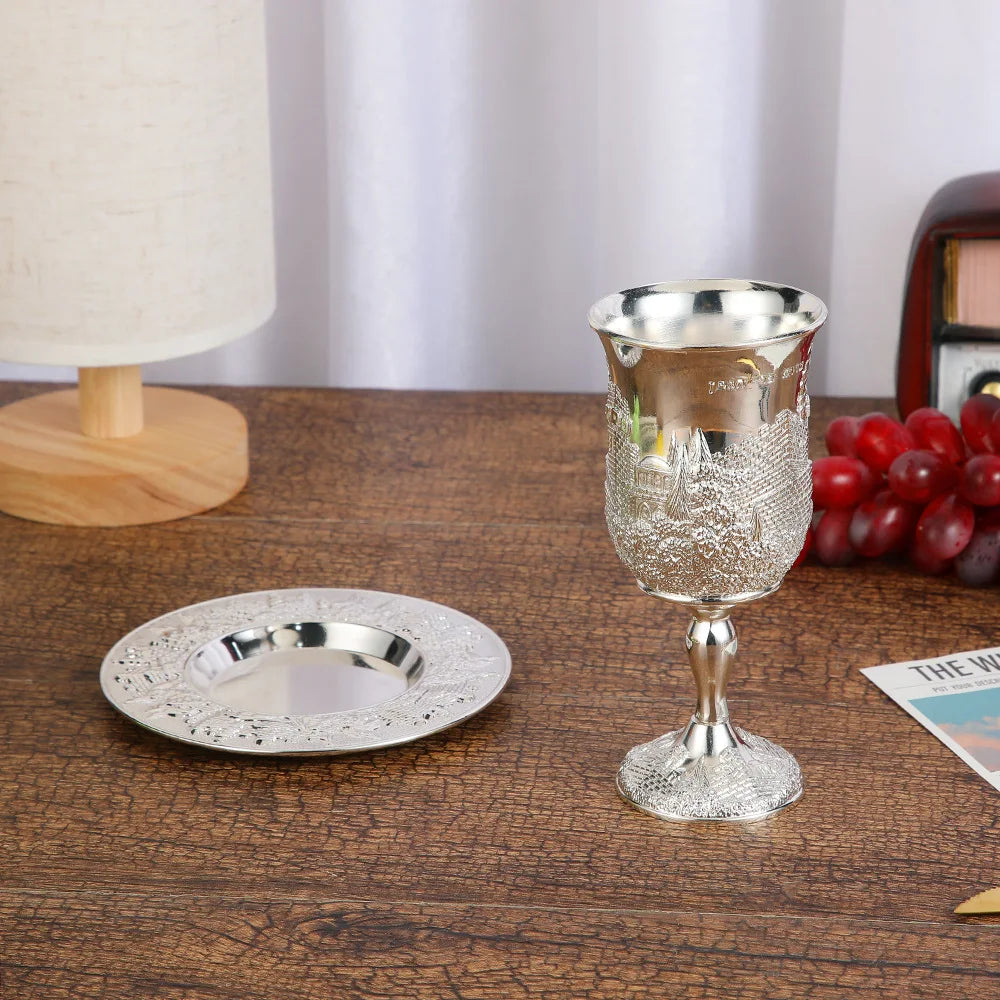 Golden Silver Cup Plated Kiddush Nickel Plated Wine Cup With Saucer Judaica Shabbos Wine Cup Passover For Shabbat Havdalah Gift