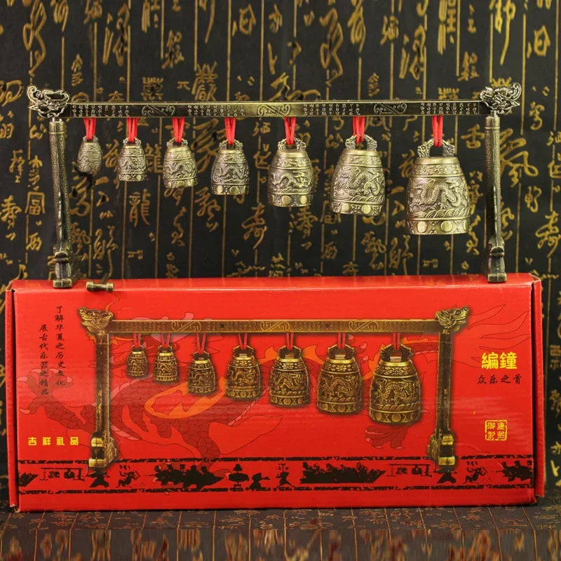 Chinese Old Meditation Gong with 7 Ornate Bell with Dragon Design Chinese Musical Instrument Bronze Metal Handicraft Home Decor