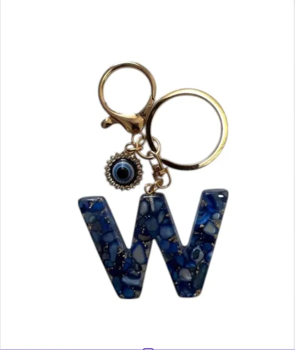 Blue Resin Initial Keychain - Evil Eye Letter Charm with Rhinestones & Tassel, Stylish Gift for Women, Lobster Clasp Accessory