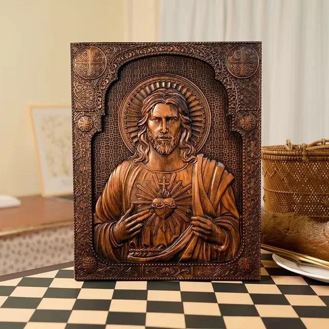 High Quality Religious Wooden Sacred Heart of Jesus Catholic Statue Plaque Wall Decor