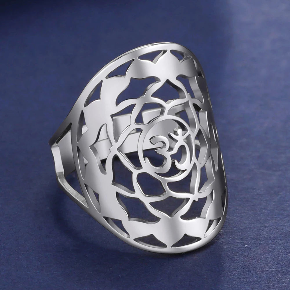 Dawapara Buddhism Spiritual OM Ohm Symbol Adjustable Ring Spiral Sacred Geometry Finger Ring Stainless Steel Jewelry