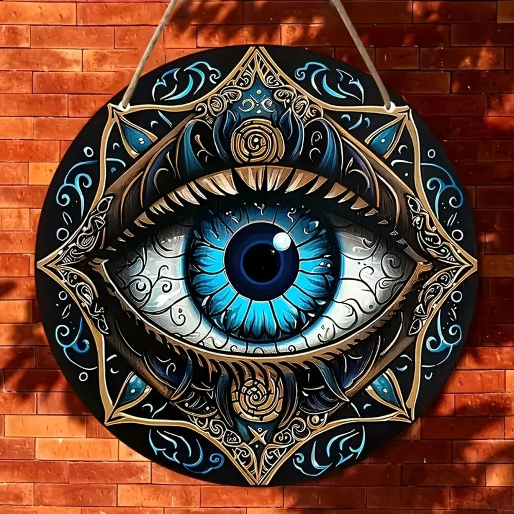 1 piece, "Bohemian style evil eye protection pattern design" round wooden decorative plate, wooden listing, door and window