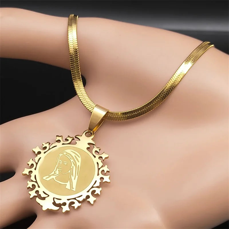 Religious Virgin Mary Prayer Necklaces for Women Men Stainless Steel Gold Color Christianity Medal Necklaces Jewelry N6263S02