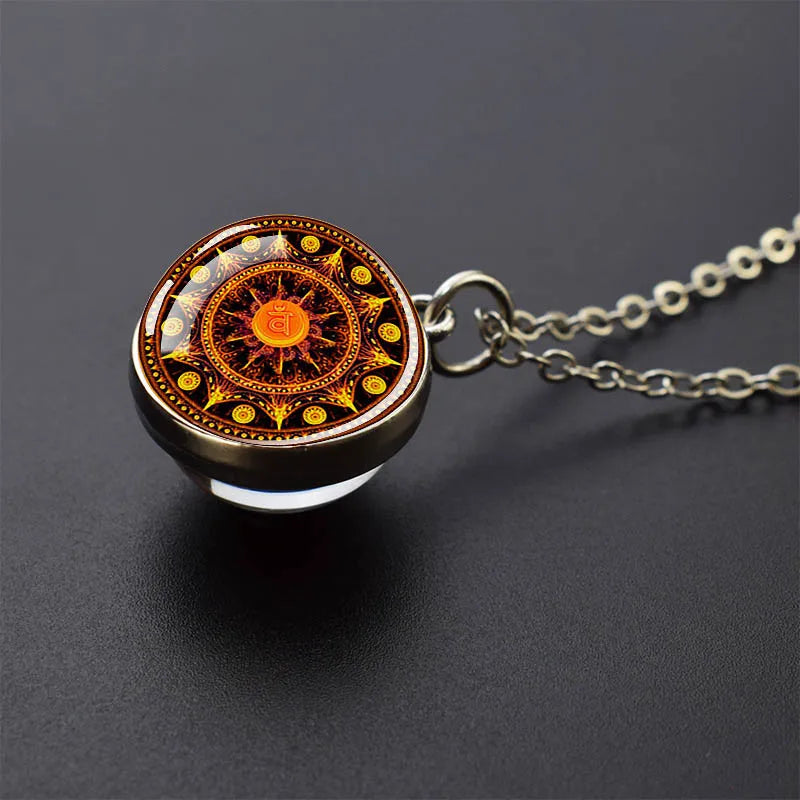 Sacred Geometry-Metatron's Cube Necklaces Sri Yantra Mandala Double Side Glass Ball Pendant Necklace Buddhist Yoga Jewelry Gift