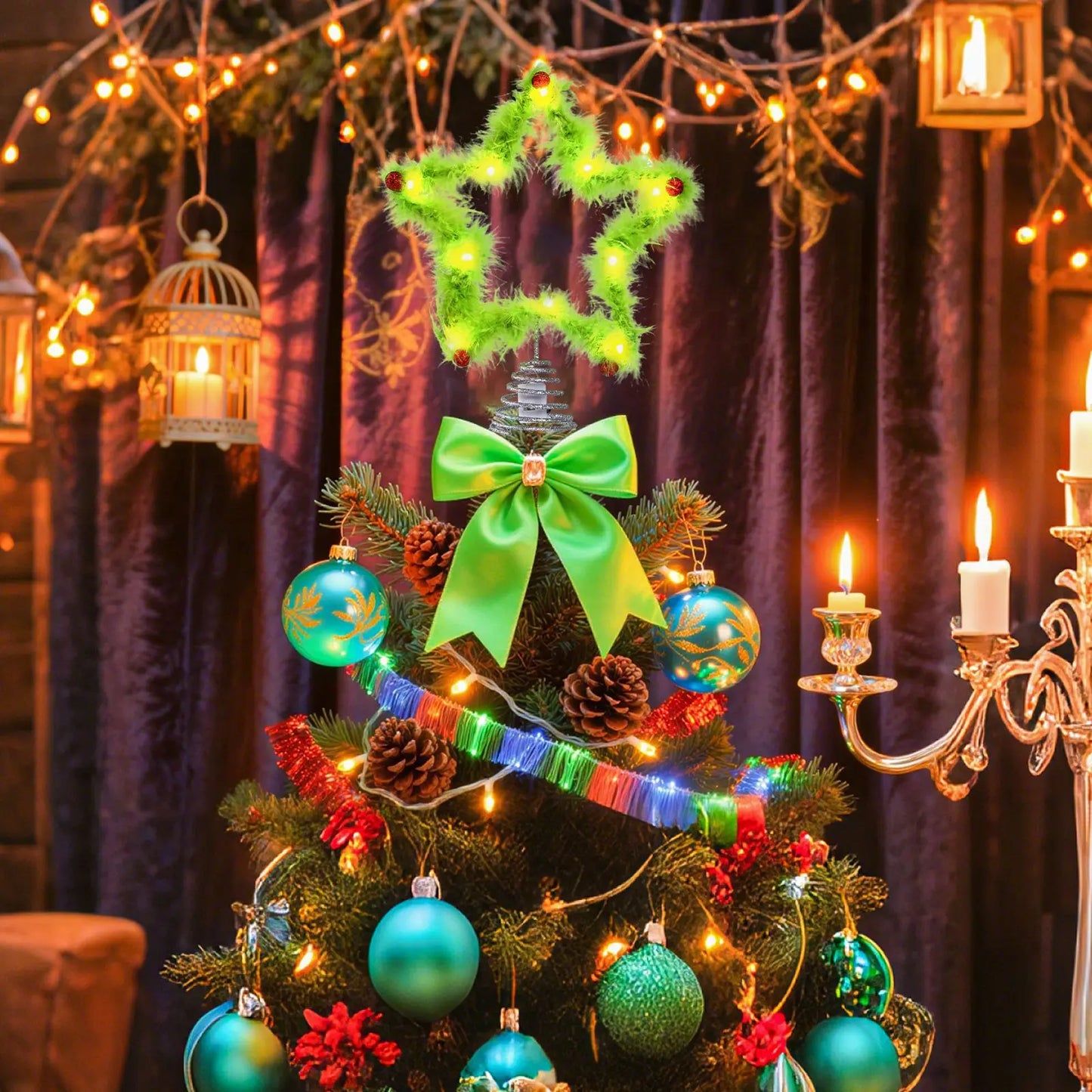 Christmas Fuzzy Grinch Star Tree Topper Holiday Festive Creative Grinch Decoration Christmas Party Home Decor Ornament