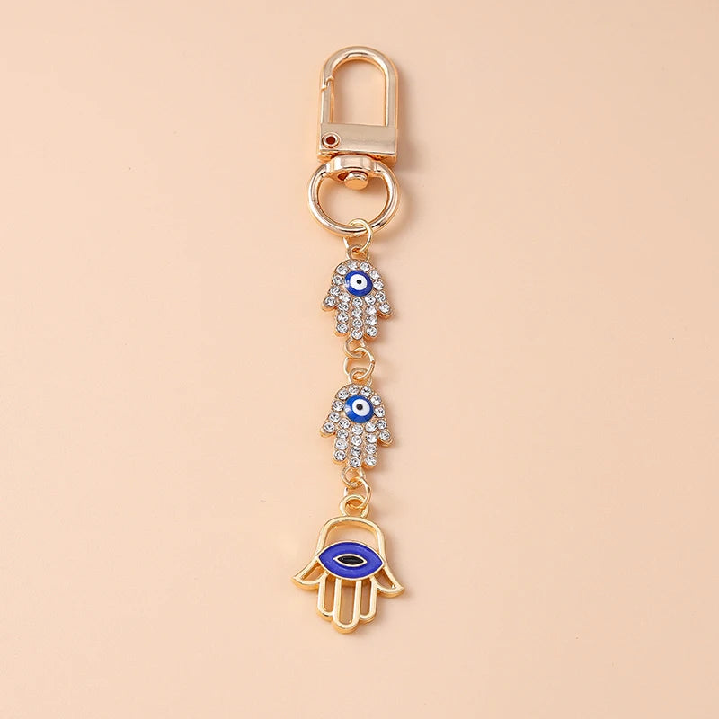 Retro Alloy Turkish Lucky  Evil Eyes Keychain Hamsa Hand Key Ring Pendant for Women Girls Handbag Decor DIY Jewelry Gifts