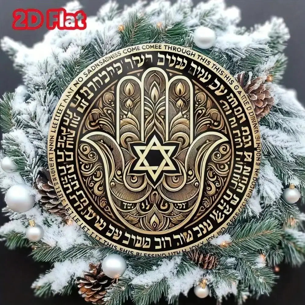 2D Flat Hamsa Hand Star of David Round Metal Tin Sign - Hebrew Blessing Themed Wall Decor, Spiritual Jewish Art for Home, Medita