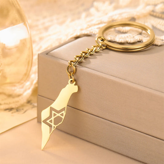 EUEAVAN Fashion Israel Map keychain Stainless Steel Hollow Hexagram Star of David keychain Religious Jewelry Gift Wholesale