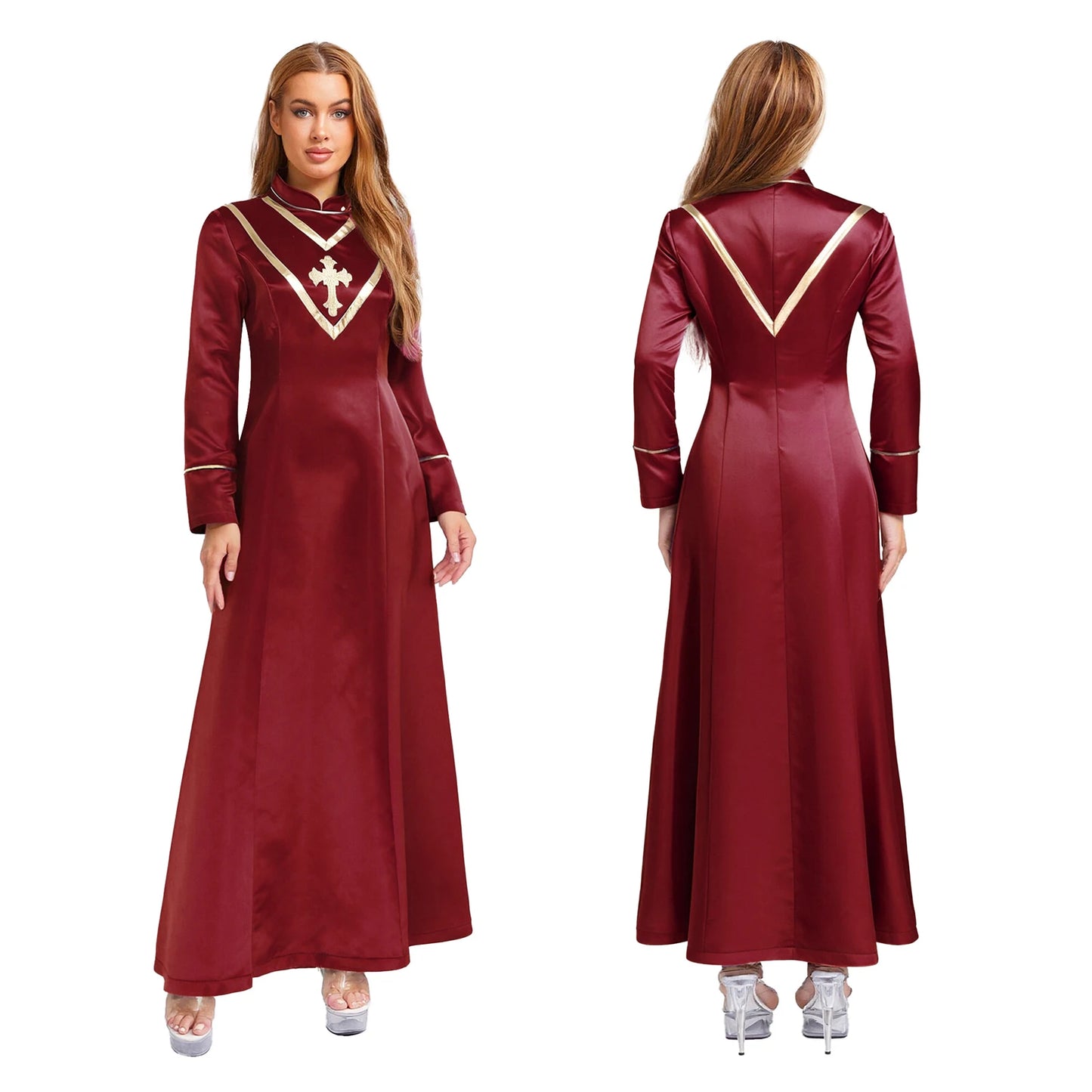 Women Pastor Robe Cassocks Long Sleeve Cross Print Priest Vestment Church Choir Gown Halloween Catholic Clergy Cosplay Costume