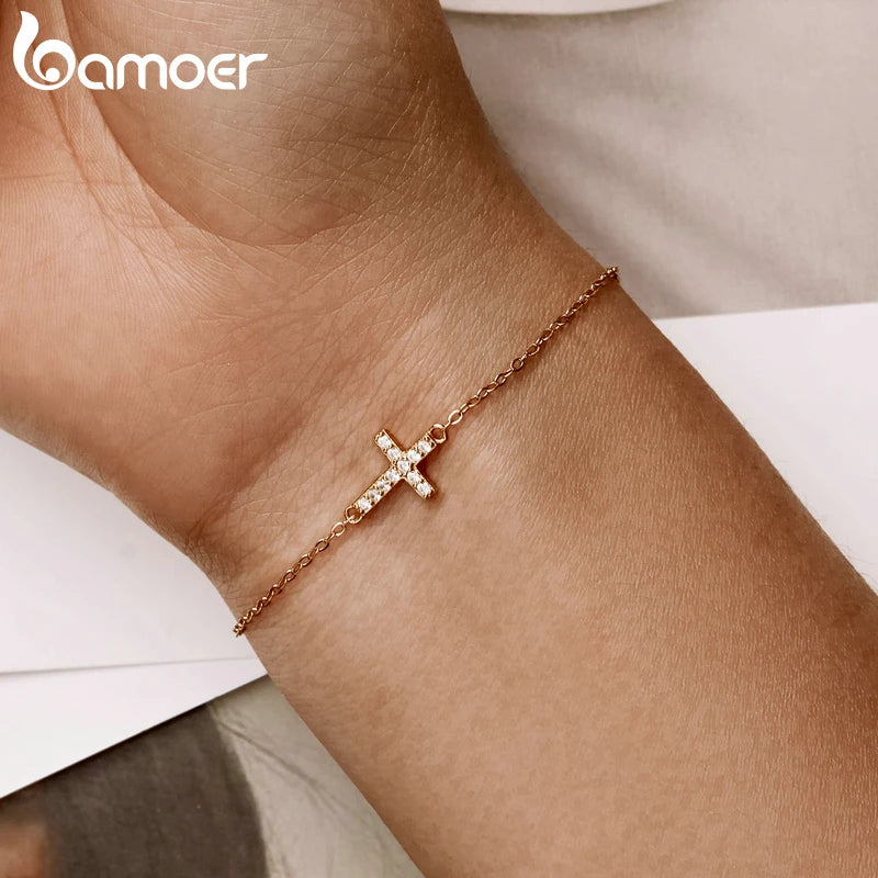 Bamoer Genuine 925 Sterling Silver Adjustable Cross Bracelet 6.10+0.98 inch 14K Gold Plated Chain Link Luxury Jewelry Women Gift