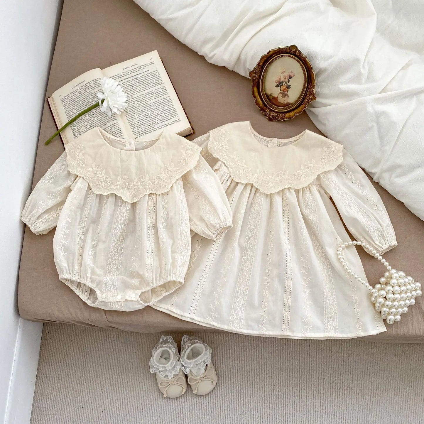 2026 Spring Princess Infant Baby Girl Bodysuit Sisters Dress Flower Embroidery Dress For Infant Sibling Girls Toddler Outfit
