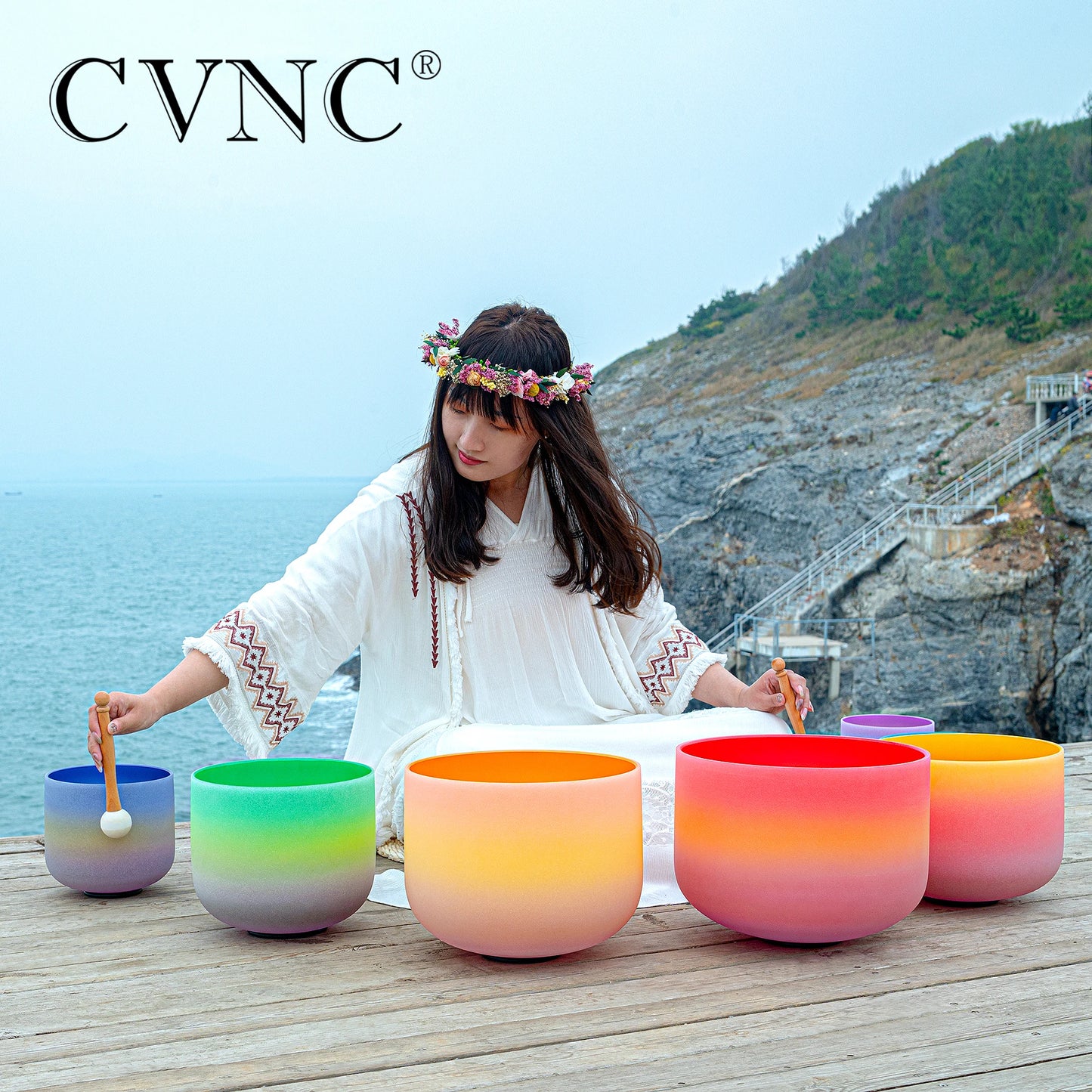 CVNC 6-12 Inch Colored Frosted Quartz Crystal Singing Bowls 7 chakra set for sound healing instrument with Bag