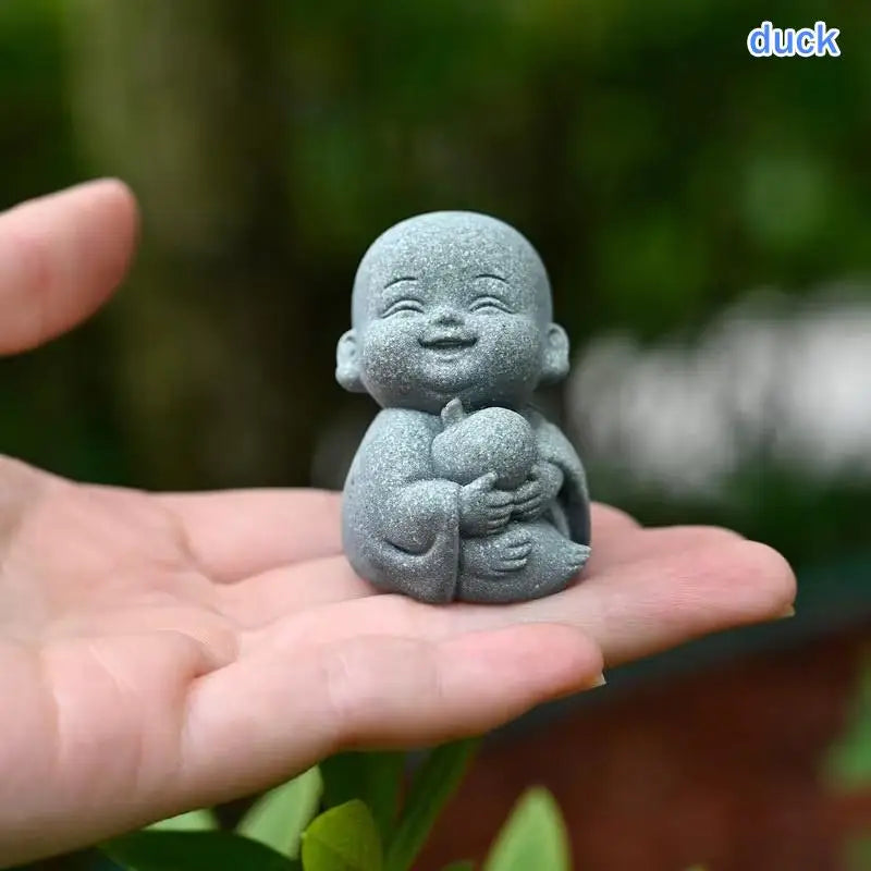 §Embracing Animal Monk Statue, Resin, Stone Zen Garden Decoration, Serene Smiling Sculpture