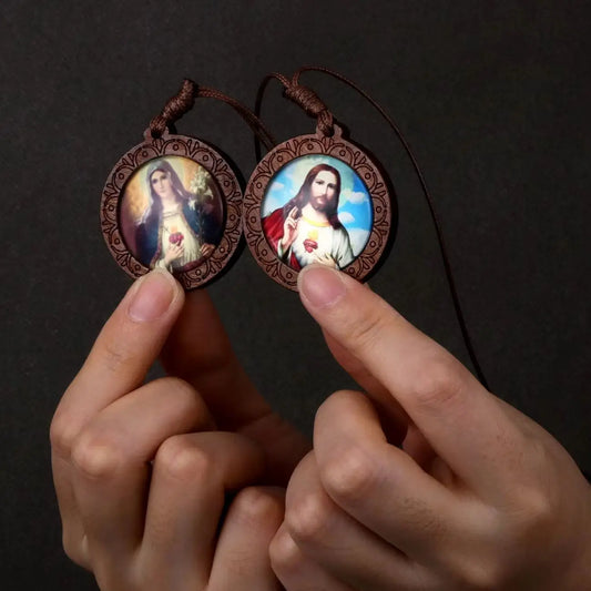 Cottvott Wood Sacred Heart of Our Lady Jesus Scapular Badges Leather Rope Chain Epaulet Prayer Baptism Communion Sacraments Gift