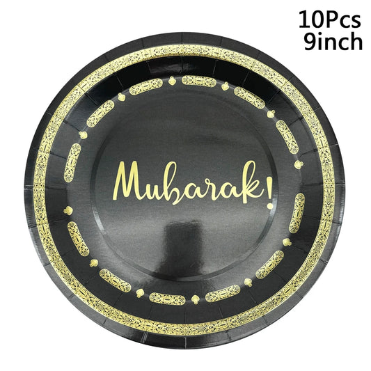 10Pcs Umrah Eid Mubarak Ramadan Party Disposable Tableware Kaaba Paper Plates Cups Napkin Muslim Islamic Eid Al-Fitr Decoration