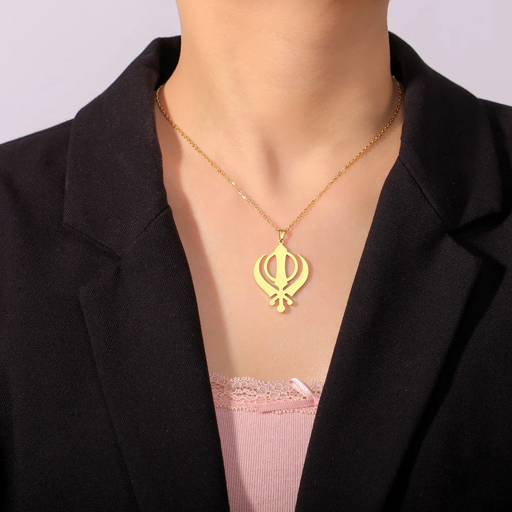 Dawapara Sikhism Necklace Khanda Kirpan Sword Symbol Religious Protection Amulet Stainless Steel Jewelry