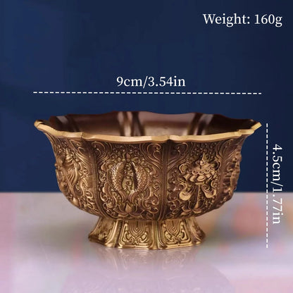 Tibetan Eight Auspicious Symbols Carved Brass Holy Altars Bowl,Tantric Indoor Desktop Water Cup,9 cm Sacred Bowl Buddhist Item