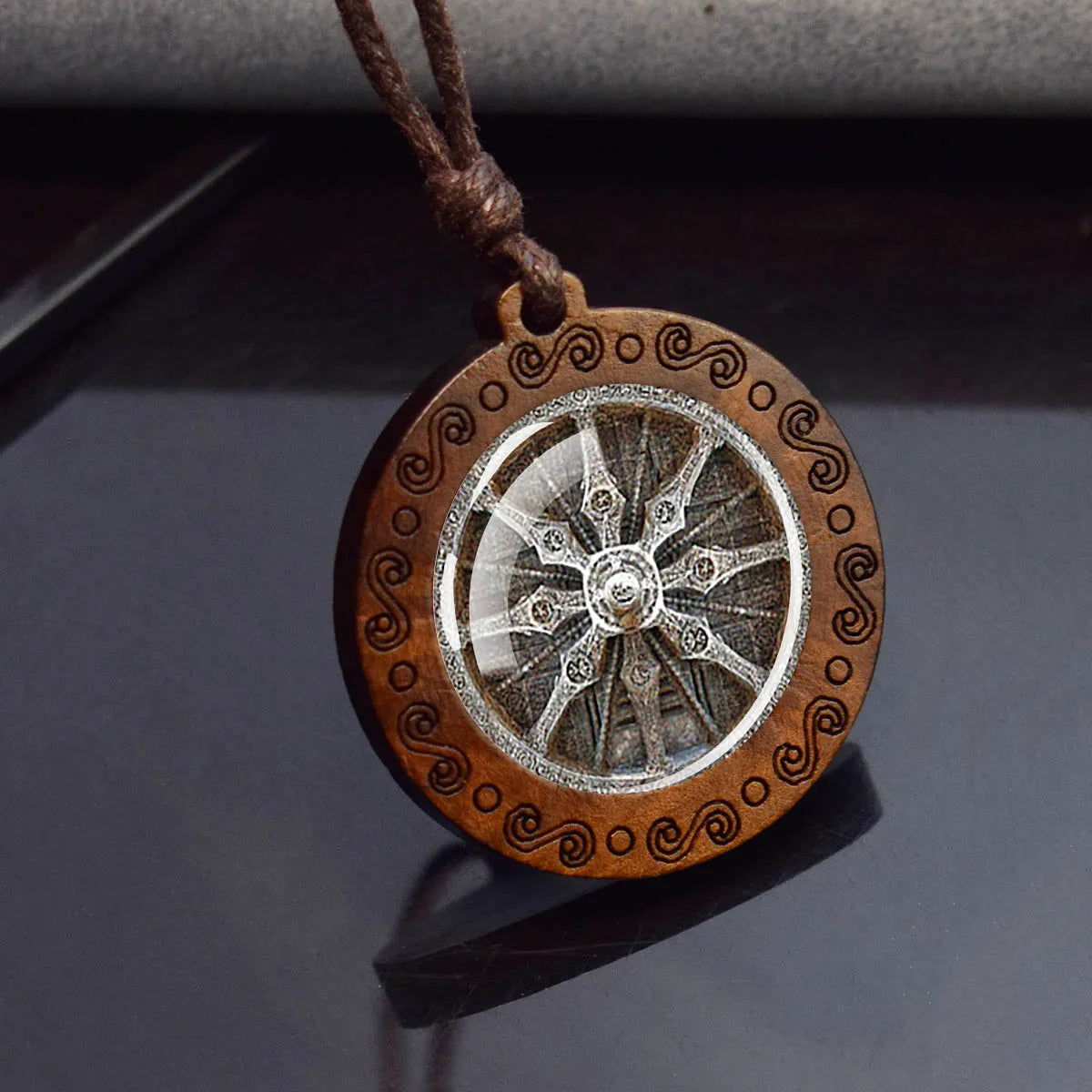 Sri Yantra Mandala Glass Necklace Wood Pendant Buddhist Sacred Geometry Jewelry Spiritual Yoga Gift
